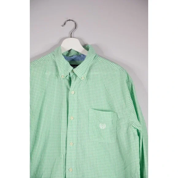 Chaps Button Down Shirt Mens XL Green Excellent Gingham Easy Care Long Sleeve - Picture 2 of 4